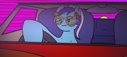 Size: 874x394 | Tagged: safe, artist:zan logemlor, minuette, pony, unicorn, g4, car, driving, female, glasses, horn, mare, outrun, shutter shades, sitting, solo, steering wheel, sunglasses