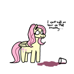 Size: 768x768 | Tagged: safe, artist:101reggie101, fluttershy, pegasus, pony, g4, dialogue, female, mare, misspelling, simple background, smoothie, solo, spilled drink, thousand yard stare, white background