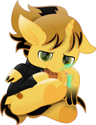 Size: 3919x5095 | Tagged: safe, artist:php178, oc, oc only, oc:killer epic, alicorn, pony, fallout equestria, .svg available, :3, absurd resolution, alicorn oc, big eyes, chocolate chip cookie, clothes, colored pupils, colored wings, cookie, curled up, cute, cute face, cute smile, dock, fallout equestria oc, floppy ears, folded wings, food, glowing, gradient wings, highlights, hoof heart, hooves up, horn, inkscape, jacket, killer epicute, leather, leather jacket, lincoln brewster, looking at you, male, movie accurate, musician, ocbetes, one ear down, one wing out, pipbuck, ponified, ponified music artist, shading, simple background, smiling, smiling at you, snout, solo, stallion, svg, tail, transparent background, two toned mane, two toned wings, underhoof, vector, wings