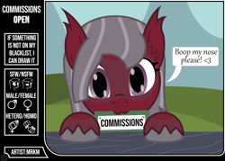 Size: 2512x1801 | Tagged: safe, artist:mrkm, oc, oc:cherry night, bat pony, advertisement, bat pony oc, boop request, commission info, cute, ear fluff, female, female symbol, hooves on the table, looking at you, male symbol, mare, mouth hold, speech bubble, unshorn fetlocks