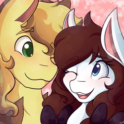 Size: 2048x2048 | Tagged: safe, artist:mscolorsplash, braeburn, oc, oc:color splash, earth pony, pegasus, pony, g4, abstract background, blushing, bust, canon x oc, close-up, female, high res, looking at each other, looking at someone, male, mare, one eye closed, open mouth, open smile, shipping, smiling, stallion, straight