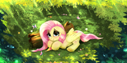 Size: 3600x1800 | Tagged: safe, artist:darksly, fluttershy, butterfly, pegasus, pony, g4, blushing, crepuscular rays, cute, female, floppy ears, flower, forest, high res, log, lying down, mare, nature, shyabetes, solo