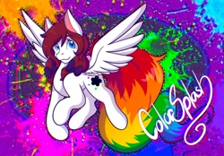 Size: 2048x1423 | Tagged: safe, artist:mscolorsplash, oc, oc only, oc:color splash, pegasus, pony, abstract background, bow, female, hair bow, looking at you, mare, name, rainbow tail, smiling, smiling at you, solo, spread wings, tail, wings