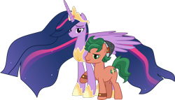 Size: 7807x4463 | Tagged: safe, artist:cloudy glow, artist:crystalmagic6, edit, vector edit, timber spruce, twilight sparkle, alicorn, earth pony, pony, g4, absurd resolution, beanie, crown, duo, duo male and female, equestria girls ponified, ethereal mane, female, hat, jewelry, larger female, looking at you, male, mare, older, older twilight, older twilight sparkle (alicorn), ponified, princess twilight 2.0, raised hoof, regalia, shipping, simple background, size difference, smiling, stallion, starry mane, straight, tiara, timbertwi, transparent background, twilight sparkle (alicorn), updated, vector