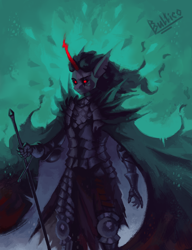 Size: 2896x3766 | Tagged: safe, artist:bultico, king sombra, umbrum, unicorn, anthro, g4, abstract background, armor, cape, clothes, dark magic, high res, magic, male, red eyes, scar, signature, solo, sword, weapon