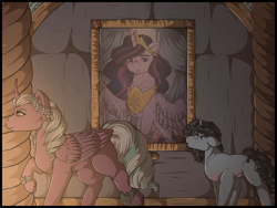 Size: 1280x960 | Tagged: safe, artist:binibean, misty brightdawn, opaline arcana, twilight sparkle, alicorn, pony, unicorn, g5, spoiler:g5, duo, female, floppy ears, looking at something, looking up, mare, painting, story included, twilight sparkle (alicorn)