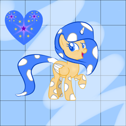 Size: 1378x1378 | Tagged: safe, artist:dashie.candy, oc, oc:blueberryheartsparkle, alicorn, pony, blue background, dots, female, folded wings, happy, heart, horn, looking up, open mouth, open smile, polka dots, raised hoof, simple background, smiling, solo, sparkles, wings