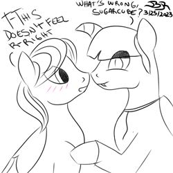 Size: 1000x1000 | Tagged: safe, artist:bifrose, fluttershy, oc, oc:crimson spikes, pegasus, pony, unicorn, about to kiss, blushing, butterscotch, gay couple, male, rule 63, simple background, stallion, stallion oc, white background