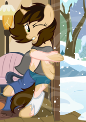 Size: 1400x1985 | Tagged: safe, artist:anonymous, oc, oc only, oc:snowstorm, pony, unicorn, /ptfg/, door, female, gritted teeth, human to pony, mare, mid-transformation, one eye closed, show accurate, snow, snowfall, solo, teeth, transformation, wind