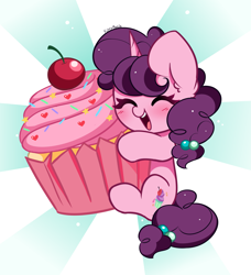 Size: 2903x3188 | Tagged: safe, artist:kittyrosie, sugar belle, pony, unicorn, abstract background, blushing, cupcake, eyes closed, food, open mouth, simple background