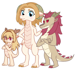 Size: 2427x2243 | Tagged: safe, artist:shepherd0821, artist:sketchmcreations, oc, oc only, dragon, barely pony related, crossed arms, dragon oc, dragoness, family, female, hair, high res, male, non-mlp oc, non-pony oc, red eyes, show accurate, simple background, style emulation, transparent background, trio, vector