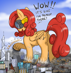 Size: 2525x2612 | Tagged: safe, artist:qkersnll, oc, oc only, oc:soft melody, pegasus, pony, butt, city, destruction, dialogue, dock, female, giant pony, giantess, helicopter, high res, macro, mare, onomatopoeia, plot, tail, underhoof, vr headset