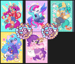 Size: 997x852 | Tagged: safe, artist:oofycolorful, cloudpuff, hitch trailblazer, izzy moonbow, kenneth, mcsnips-a-lot, pipp petals, sparky sparkeroni, sunny starscout, zipp storm, alicorn, bird, crab, dog, dragon, earth pony, flying pomeranian, pegasus, pomeranian, pony, seagull, unicorn, semi-anthro, g5, :p, abstract background, arm hooves, basket, boots, cellphone, clothes, denim, drink, emanata, eye clipping through hair, eyebrows, eyebrows visible through hair, female, glasses, heart, heart eyes, jeans, jewelry, male, mane five, mane stripe sunny, mare, one eye closed, open mouth, open smile, pants, phone, race swap, roller skates, shoes, shorts, signature, skates, skirt, smiling, smoothie, stallion, teeth, that pony sure does love phones, tiara, tongue out, unshorn fetlocks, wall of tags, wingding eyes, winged dog