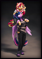 Size: 4000x5656 | Tagged: safe, artist:imafutureguitarhero, sci-twi, sunset shimmer, twilight sparkle, alicorn, classical unicorn, unicorn, anthro, unguligrade anthro, g4, 3d, :p, absurd resolution, adorkable, age regression, arm behind head, arm fluff, arm freckles, boots, border, cargo pants, cheek fluff, chin fluff, chromatic aberration, clothes, cloven hooves, colored eyebrows, colored eyelashes, cute, dork, duo, ear fluff, ear freckles, female, filly, filly sunset shimmer, film grain, floppy ears, fluffy, fluffy hair, fluffy mane, fluffy tail, foal, freckles, fur, glasses, glasses off, grin, hand freckles, hoof boots, hoof fluff, horn, leg fluff, leg freckles, leonine tail, long hair, long mane, long nails, looking at someone, looking up, mama twilight, mare, multicolored hair, multicolored mane, multicolored tail, nose wrinkle, one ear down, paintover, pants, peppered bacon, piggyback ride, revamped anthros, revamped ponies, sci-twilicorn, shadow, shimmerbetes, shirt, shoes, shorts, signature, smiling, socks, source filmmaker, striped sweater, sweater, tail, tongue out, twiabetes, twilight sparkle (alicorn), unshorn fetlocks, vertical, wall of tags, wings, wings down, younger