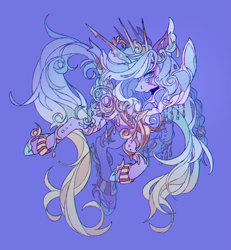 Size: 2085x2256 | Tagged: safe, artist:vivonyan, oc, oc only, hybrid, merpony, pony, armor, blue background, commission, crown, digital art, ethereal mane, flowing mane, flowing tail, high res, jewelry, looking at you, male, regalia, simple background, solo, sparkles, stallion, starry mane, starry tail, swimming, tail, underwater, unshorn fetlocks, water