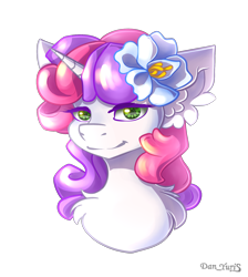 Size: 1538x1715 | Tagged: safe, artist:yuris, sweetie belle, pony, unicorn, g4, adult, alternate hairstyle, bust, cute, ears back, female, flower, flower in hair, portrait, simple background, smiling, solo, transparent background