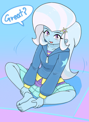 Size: 1379x1898 | Tagged: safe, artist:batipin, trixie, human, equestria girls, g4, barefoot, bronybait, clothes, cute, diatrixes, eyebrows, feet, feet together, female, gradient background, great, looking at you, open mouth, open smile, sitting, skirt, smiling, smiling at you, solo, speech bubble, sweater, talking to viewer