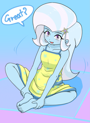 Size: 1379x1898 | Tagged: safe, alternate version, artist:batipin, trixie, human, equestria girls, g4, bare shoulders, barefoot, beautiful, bronybait, clothes, cute, daaaaaaaaaaaw, diatrixes, dress, feet, female, gradient background, great, nightgown, open mouth, pajamas, sitting, skirt, sleeveless, solo, speech bubble, talking to viewer