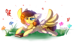 Size: 2560x1440 | Tagged: safe, artist:yuris, oc, oc only, oc:yuris, butterfly, pegasus, pony, book, ears back, female, flower, gravity falls, journal #3, lying down, pegasus oc, simple background, smiling, solo, spread wings, white background, wings