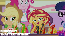 Size: 4400x2475 | Tagged: safe, edit, edited screencap, editor:quoterific, screencap, applejack, pinkie pie, sci-twi, sunset shimmer, twilight sparkle, human, dashing through the mall, equestria girls, equestria girls specials, g4, my little pony equestria girls: better together, my little pony equestria girls: holidays unwrapped, present