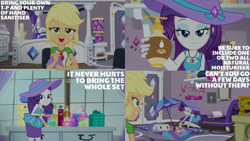 Size: 2000x1125 | Tagged: safe, edit, edited screencap, editor:quoterific, screencap, applejack, rarity, human, camping must-haves, equestria girls, g4, my little pony equestria girls: better together, rarity peplum dress