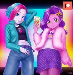 Size: 1000x1021 | Tagged: safe, artist:uotapo, pipp petals, zipp storm, human, equestria girls, g4, g5, belly button, cellphone, clothes, denim, equestria girls-ified, g5 to equestria girls, g5 to g4, generation leap, jacket, jeans, long socks, midriff, miniskirt, pants, phone, royal sisters (g5), siblings, sisters, skirt, smartphone, socks, thigh highs, thigh socks