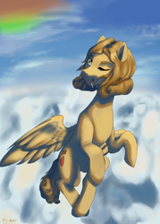 Size: 2113x2953 | Tagged: safe, artist:fly over, oc, pegasus, pony, candy, cloud, female, food, high res, lesley gore, lollipop, mare, one eye closed, pegasus oc, sky