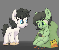 Size: 2600x2200 | Tagged: safe, artist:dumbwoofer, oc, oc only, oc:filly anon, oc:floor bored, earth pony, pony, beanbag chair, cheeto dust, cheetos, controller, ear fluff, earth pony oc, eyebrows, female, filly, foal, high res, messy, messy eating, open mouth, raised eyebrow, simple background, sitting, tongue out, younger