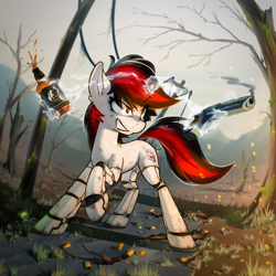 Size: 3000x3000 | Tagged: safe, artist:o0o-bittersweet-o0o, oc, oc only, oc:blackjack, cyborg, cyborg pony, pony, unicorn, fallout equestria, fallout equestria: project horizons, alcohol, amputee, cybernetic legs, dead tree, dirty, ear fluff, embers, fanfic art, female, forest, grin, gun, handgun, high res, horn, magic, mare, nokia, nokia 3310, outdoors, pistol, prosthetic leg, prosthetic limb, prosthetics, small horn, smiling, smoke, solo, telekinesis, tree, wasteland, weapon, whiskey, wild pegasus