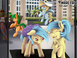 Size: 3960x3000 | Tagged: safe, artist:sigilponies, oc, oc:fair flyer, oc:filly anon, oc:matinee, oc:morning mimosa, oc:soiree, earth pony, pegasus, pony, mare fair, angry, bag, box, cardboard box, cardboard cutout, cart, clipboard, clothes, convention, earth pony oc, female, filly, food, high res, mare, mare-inara, oats, pegasus oc, plushie, scepter, shirt, siblings, sisters, twilight scepter, twins, wagon