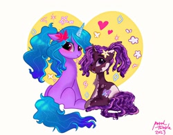 Size: 1368x1074 | Tagged: safe, artist:petaltwinkle, idw, izzy moonbow, violette rainbow, pony, unicorn, g5, alternate hairstyle, cute, dreadlocks, duo, female, filly, floating heart, flower, flower in hair, foal, heart, izzybetes, ponytail, simple background, violettebetes, vitiligo, white background