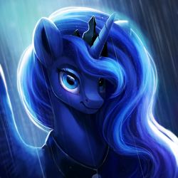 Size: 1200x1200 | Tagged: safe, artist:camyllea, princess luna, alicorn, pony, g4, backlighting, bust, crown, ethereal mane, female, jewelry, lacrimal caruncle, lighting, looking at you, mare, peytral, portrait, rain, regalia, shading, smiling, solo, spread wings, starry mane, wings