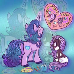 Size: 2048x2044 | Tagged: safe, artist:sophie scruggs, idw, izzy moonbow, violette rainbow, pony, unicorn, g5, butt, crayon, cute, dreadlocks, duo, duo female, easel, female, filly, foal, food, happy, high res, macaroni, mare, paint, pasta, plot, vitiligo, zoom layer
