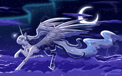 Size: 4100x2560 | Tagged: safe, artist:greenmaneheart, oc, alicorn, pony, alicorn oc, aurora borealis, beautiful, concave belly, female, flying, high res, horn, large wings, long tail, mare, moon, night, night sky, sky, slender, solo, tail, thin, wings