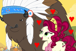 Size: 1059x720 | Tagged: safe, artist:sugar-loop, edit, edited screencap, screencap, vector edit, cherry jubilee, chief thunderhooves, bison, buffalo, earth pony, pony, g4, over a barrel, beauty mark, buffalo on pony action, crack shipping, duo focus, female, headpiece, heart, imminent sex, interspecies, male, mare, shipping, straight, thundercherry, vector