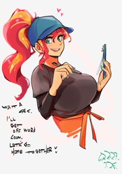Size: 1400x2000 | Tagged: safe, artist:sozglitch, sunset shimmer, human, g4, apron, baseball cap, big breasts, breasts, busty sunset shimmer, cap, clipboard, clothes, female, hat, heart, huge breasts, humanized, looking at you, ponytail, shirt, simple background, solo, t-shirt, talking to viewer, waitress, white background, working