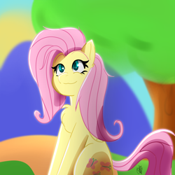 Size: 1800x1800 | Tagged: safe, artist:ermecg, fluttershy, pegasus, pony, g4, cel shading, colored lineart, eyes open, gazing, shading, simple background, sky, solo