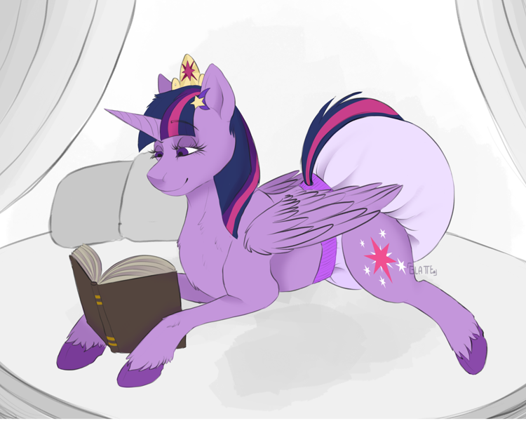 3071155 - safe, artist:galaxylatte, twilight sparkle, alicorn, pony, adult,  adult diaper, book, clothes, diaper, diaper fetish, diapered, fetish,  lying, lying down, non-baby in diaper, poofy diaper, princess, purple  diaper, reading, simple background,