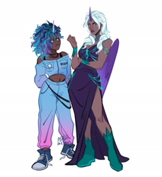 Size: 2508x2734 | Tagged: safe, artist:peachmichea, misty brightdawn, opaline arcana, human, g5, spoiler:g5, converse, dark skin, duo, female, height difference, high res, horn, horned humanization, humanized, midriff, moderate dark skin, shoes, simple background, white background, winged humanization, wings
