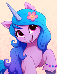 Size: 1000x1300 | Tagged: safe, artist:luminousdazzle, izzy moonbow, pony, unicorn, g5, abstract background, bracelet, bust, cute, female, flower, flower in hair, friendship bracelet, horn, izzybetes, jewelry, mare, open mouth, open smile, signature, smiling, solo, unshorn fetlocks