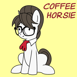 Size: 900x900 | Tagged: safe, artist:banquo0, raven, pony, unicorn, g4, :>, coffee, cute, derp, female, glasses, hair bun, mare, necktie, pinpoint eyes, ravenbetes, secretary, simple background, sitting, smiling, solo, text, yellow background