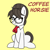 Size: 900x900 | Tagged: safe, artist:banquo0, raven, pony, unicorn, g4, :>, coffee, cute, derp, female, glasses, hair bun, mare, necktie, pinpoint eyes, ravenbetes, secretary, simple background, sitting, smiling, solo, text, yellow background
