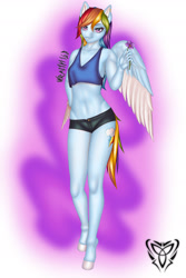 Size: 1567x2351 | Tagged: safe, alternate version, artist:wraith148, rainbow dash, pegasus, anthro, unguligrade anthro, g4, belly, belly button, breasts, clothes, daisy dukes, ear piercing, female, flower, hips, looking at you, midriff, multicolored hair, pegasus wings, piercing, rainbow hair, rainbow tail, shorts, small breasts, smiling, snout, solo, spread wings, tail, thighs, thin, wings