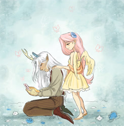 Size: 3426x3500 | Tagged: safe, artist:misskali, discord, fluttershy, human, g5, spoiler:g5comic, spoiler:g5comic10, antlers, broken horn, duo, duo male and female, elf ears, eyebrows, eyebrows visible through hair, female, flower, flower in hair, frown, high res, horn, humanized, immortality blues, implied discoshy, implied shipping, implied straight, kneeling, male, old man discord, partially open wings, phone, scene interpretation, size difference, smiling, teary eyes, teeth, winged humanization, wings