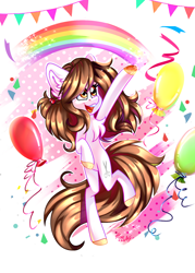 Size: 1282x1790 | Tagged: safe, artist:scatcat45, oc, oc only, earth pony, pony, art trade, balloon, chest fluff, confetti, cute, earth pony oc, female, rainbow, simple background, white background
