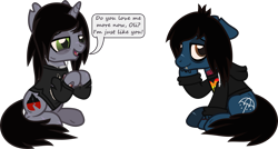 Size: 2175x1164 | Tagged: safe, artist:lightningbolt, derpibooru exclusive, earth pony, pony, undead, unicorn, zombie, zombie pony, g4, .svg available, bags under eyes, bone, bring me the horizon, clothes, dialogue, disguise, disguised siren, duo, duo male, ears back, fangs, gay, hoodie, hooves together, horn, jewelry, kellin quinn, lidded eyes, long sleeves, male, necklace, oliver sykes, open mouth, ponified, scar, shipping, shirt, show accurate, simple background, sitting, sleeping with sirens, slit pupils, smiling, smirk, stallion, stitches, svg, t-shirt, talking, tattoo, torn ear, transparent background, vector