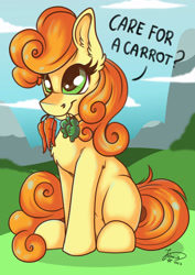 Size: 1920x2716 | Tagged: safe, artist:julunis14, carrot top, golden harvest, earth pony, pony, g4, bronybait, carrot, cute, cutie top, female, food, herbivore, mare, mouth hold, sitting, solo