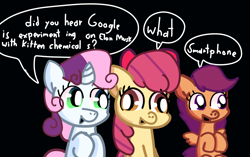 Size: 2552x1606 | Tagged: safe, artist:just loq, apple bloom, scootaloo, sweetie belle, earth pony, pegasus, pony, unicorn, g4, adorabloom, black background, bow, cellphone, cute, cutealoo, cutie mark crusaders, derp, dialogue, diasweetes, google experimenting on elon musk with kitten chemicals, meme, phone, shitposting, simple background, smartphone, speech bubble, text, wat