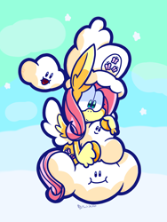 Size: 1536x2048 | Tagged: safe, artist:derp-rose, fluttershy, pegasus, pony, g4, cloud, cute, female, hat, mare, on a cloud, shyabetes, sitting, sitting on a cloud, solo