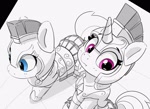 Size: 1852x1345 | Tagged: safe, artist:pabbley, earth pony, pony, unicorn, armor, cute, duo, female, grayscale, guardsmare, helmet, high angle, mare, monochrome, partial color, royal guard, sitting